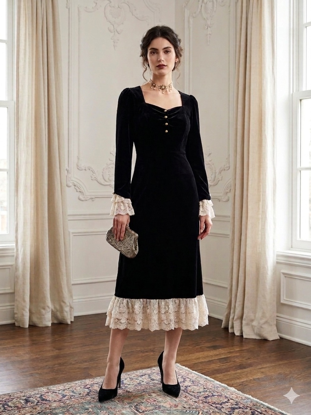 Milan Edwardian French Retro Velvet Whimsigoth Midi Dress